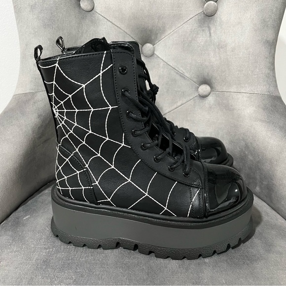 Demonia Shoes - Black Combat Boots with Spider Web Design